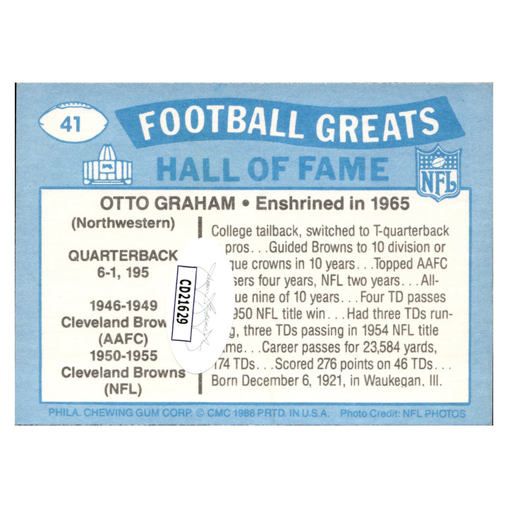 Otto Graham Cleveland Browns Autographed Signed 2002 Swell Greats Pro Football Hall Of Fame Goal 25th Anniversary Card (JSA COA #CD21629)