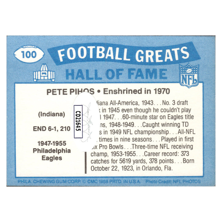 Pete Pihos Philadelphia Eagles Autographed Signed 2018 Swell Greats Pro Football Hall Of Fame Goal 25th Anniversary Card (JSA COA #CD21645)