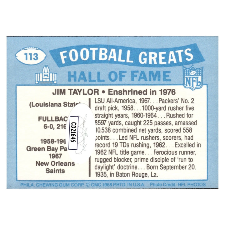 Jim Taylor Green Bay Packers Autographed Signed 2019 Swell Greats Pro Football Hall Of Fame Goal 25th Anniversary Card (JSA COA #CD21646)