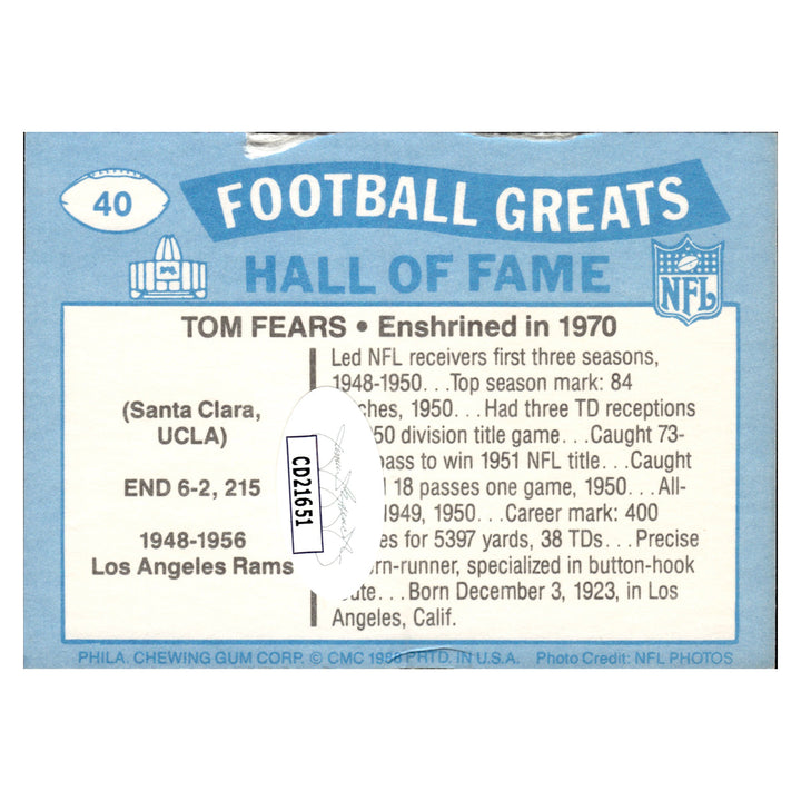 Tom Fears Los Angeles Rams Autographed Signed 2024 Swell Greats Pro Football Hall Of Fame Goal 25th Anniversary Card (JSA COA #CD21651)