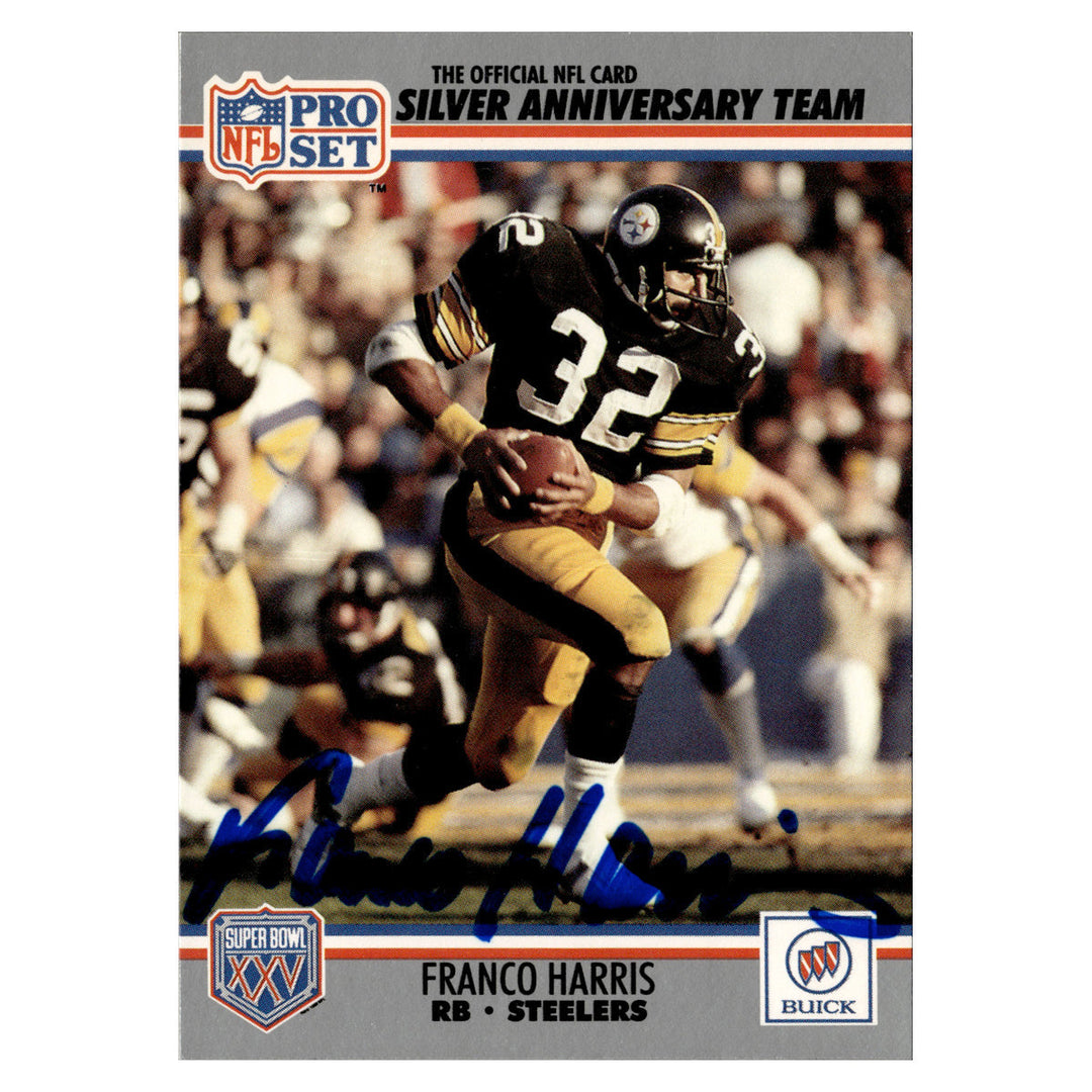 Franco Harris Pittsburgh Steelers Autographed Signed 1990-91 NFL Pro Set Super Bowl XXV Silver Anniversary Card (JSA COA #CD21663)