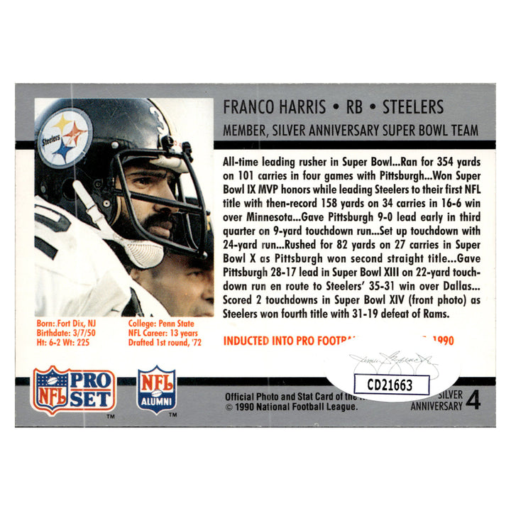 Franco Harris Pittsburgh Steelers Autographed Signed 1990-91 NFL Pro Set Super Bowl XXV Silver Anniversary Card (JSA COA #CD21663)