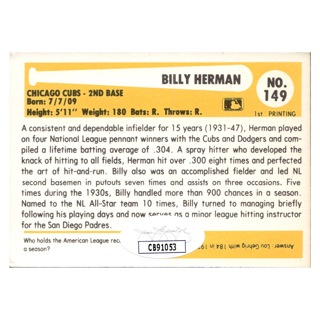 Billy Herman Chicago Cubs Autographed Signed Baseball Immortals Hall Of Fame Card (JSA COA #CB91053)