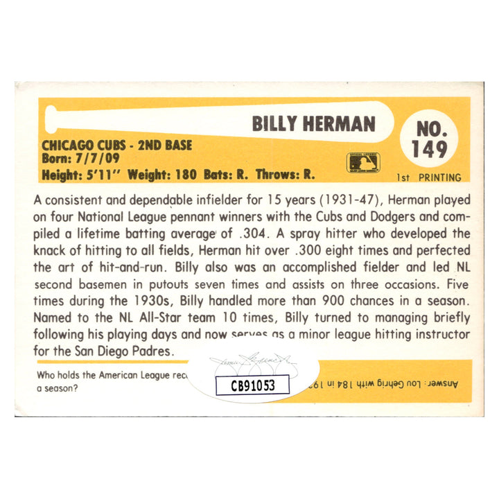 Billy Herman Chicago Cubs Autographed Signed Baseball Immortals Hall Of Fame Card (JSA COA #CB91053)