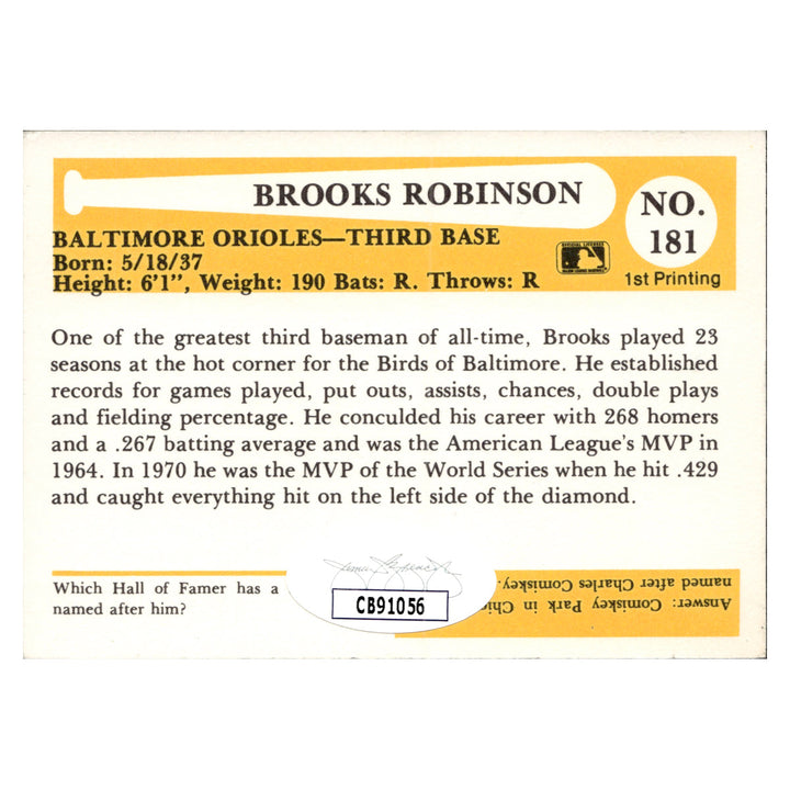 Brooks Robinson Baltimore Orioles Autographed Signed Baseball Immortals Hall Of Fame Card (JSA COA #CB91056)