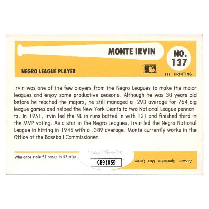 Monte Irvin New York Giants Autographed Signed Baseball Immortals Hall Of Fame Card (JSA COA #CB91059)