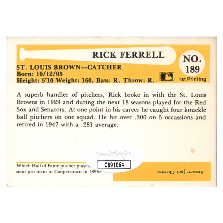 Rick Ferrell St. Louis Browns Autographed Signed Baseball Immortals Hall Of Fame Card (JSA COA #CB91064)
