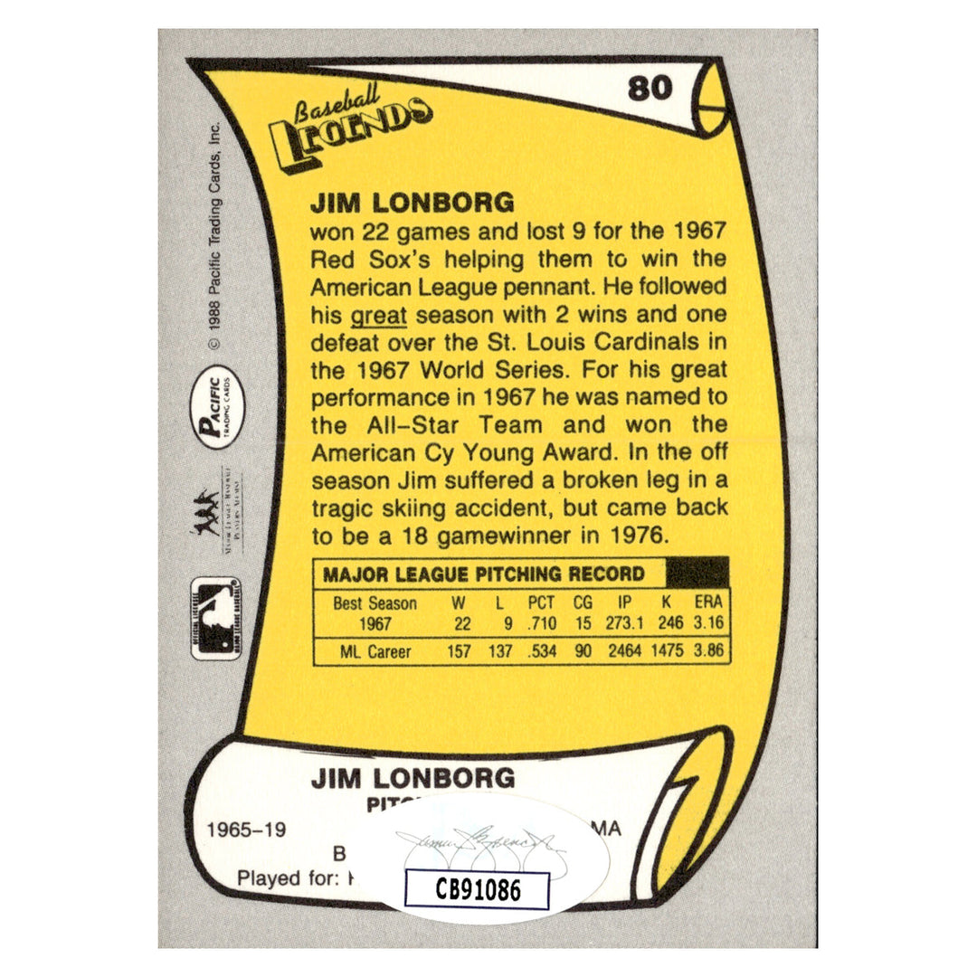 Jim Lonborg Boston Red Sox Autographed Signed 1988 Pacific Baseball Legends (JSA COA #CB91086)