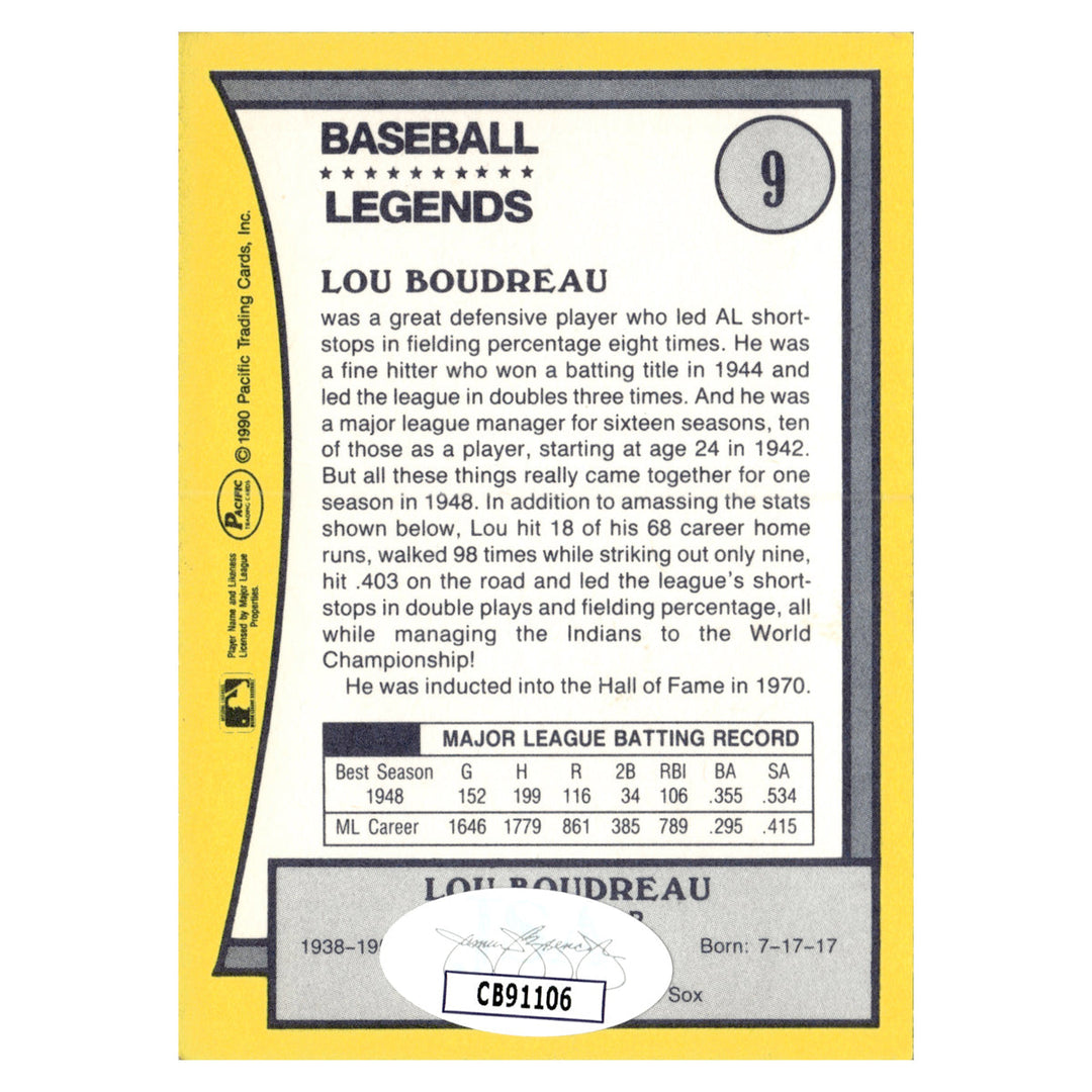 Lou Boudreau Detroit Tigers Autographed Signed 1990 Pacific Baseball Legends (JSA COA #CB91106)