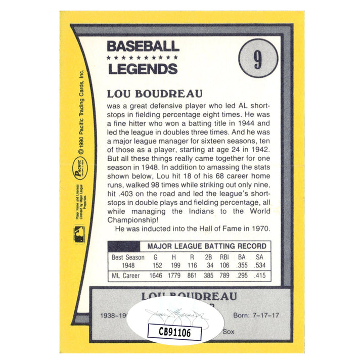 Lou Boudreau Detroit Tigers Autographed Signed 1990 Pacific Baseball Legends (JSA COA #CB91106)