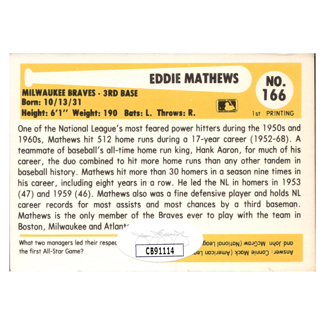Eddie Mathews Milwaukee Braves Autographed Signed Baseball Immortals Hall Of Fame Card (JSA COA #CB91114)