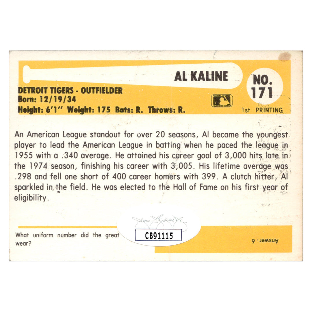 Al Kaline Detroit Tigers Autographed Signed Baseball Immortals Hall Of Fame Card (JSA COA #CB91115)