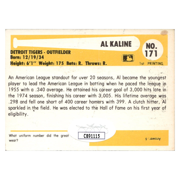 Al Kaline Detroit Tigers Autographed Signed Baseball Immortals Hall Of Fame Card (JSA COA #CB91115)