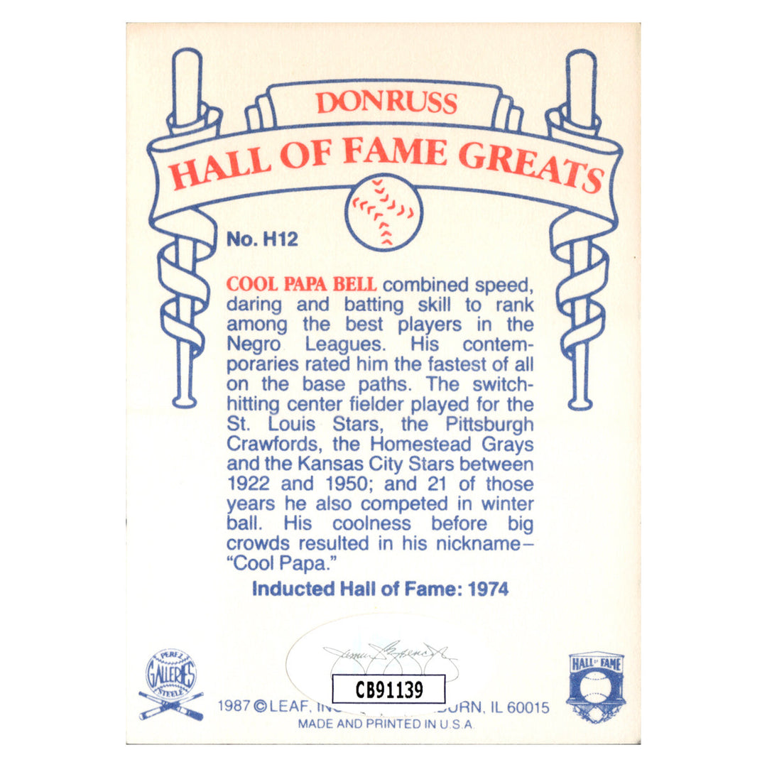 Cool Papa Bell Negro Leagues Autographed Signed 1987 Leaf Hall Of Fame Greats (JSA COA #CB91139)