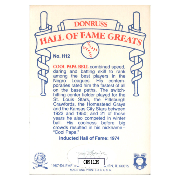 Cool Papa Bell Negro Leagues Autographed Signed 1987 Leaf Hall Of Fame Greats (JSA COA #CB91139)