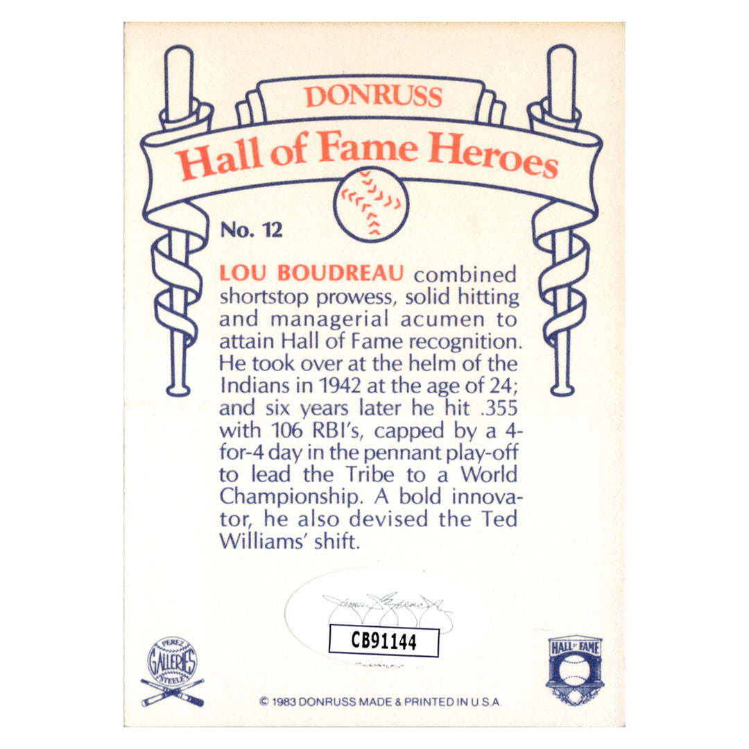 Lou Boudreau Cleveland Indians Autographed Signed 1983 Donruss Hall Of Fame Heroes (JSA COA #CB91144)