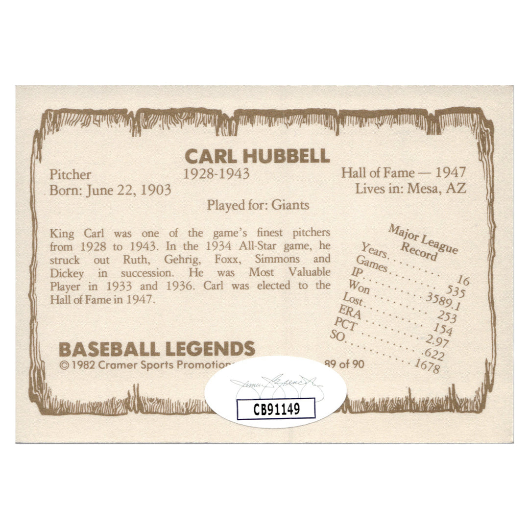 Carl Hubbell New York Giants Autographed Signed 1981 Cramer Baseball Legends (JSA COA #CB91149)