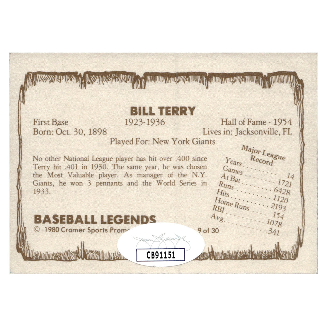 Bill Terry New York Giants Autographed Signed 1981 Cramer Baseball Legends (JSA COA #CB91151)