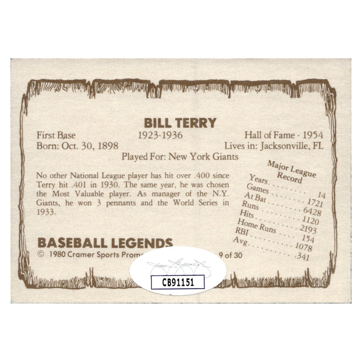 Bill Terry New York Giants Autographed Signed 1981 Cramer Baseball Legends (JSA COA #CB91151)