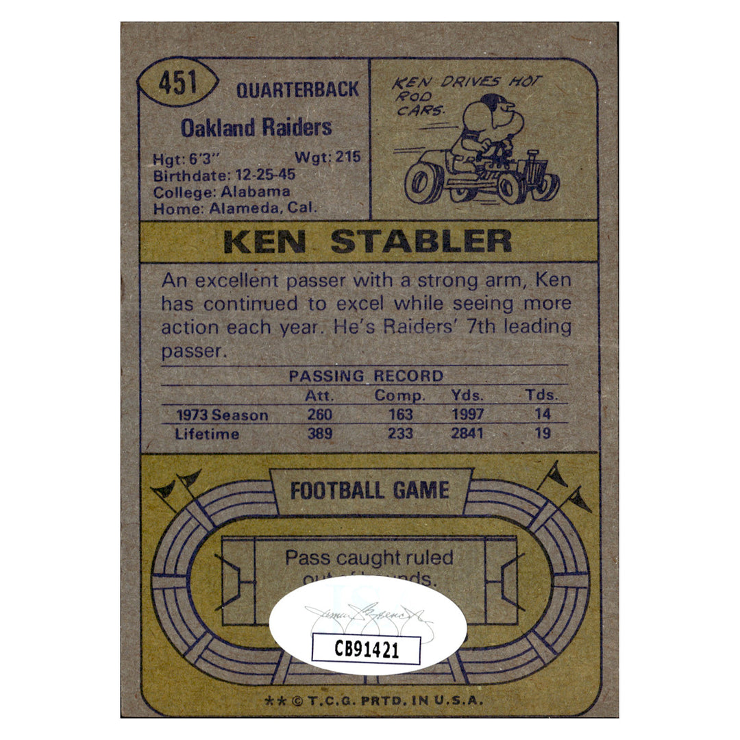 Ken Stabler Oakland Raiders Autographed Signed 1974 Topps (JSA COA #CB91421)