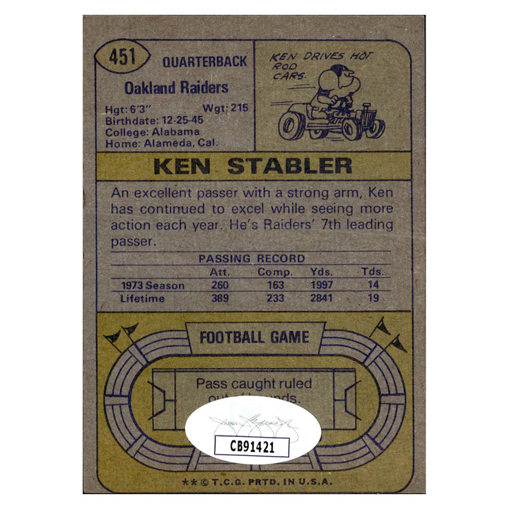 Ken Stabler Oakland Raiders Autographed Signed 1974 Topps (JSA COA #CB91421)