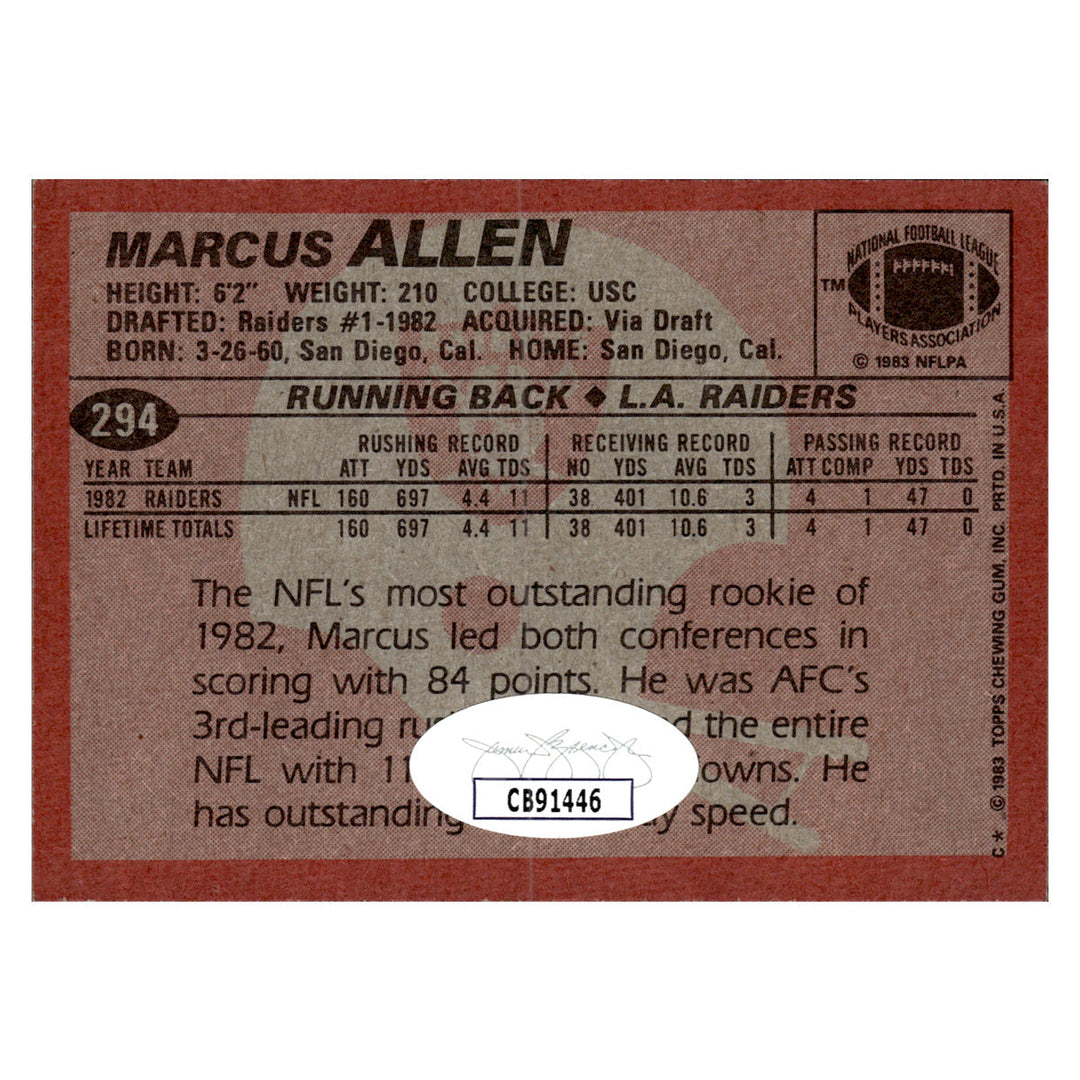 Marucs Allen Oakland Raiders Autographed Signed 1983 Topps (JSA COA #CB91446)