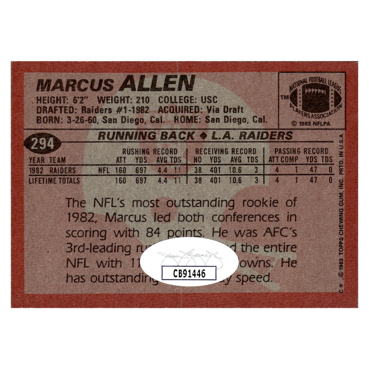 Marucs Allen Oakland Raiders Autographed Signed 1983 Topps (JSA COA #CB91446)