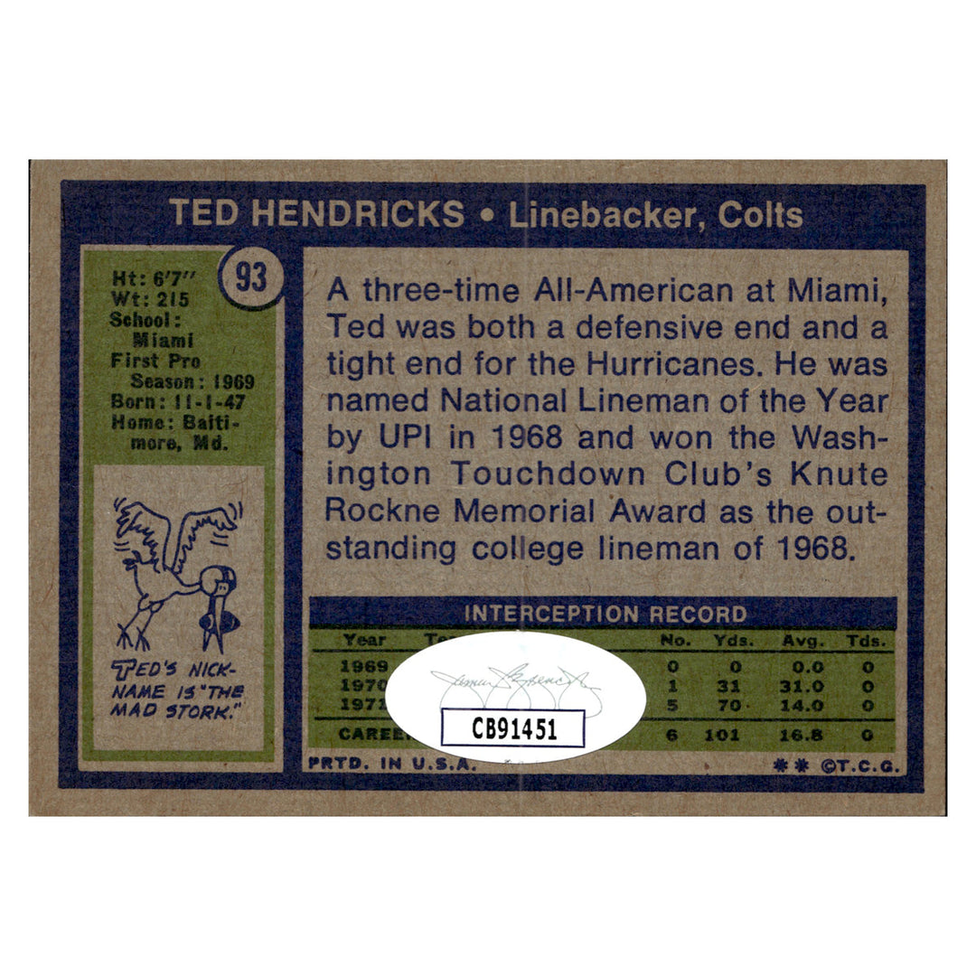Ted Hendricks Indianapolis Colts Autographed Signed 1972 Topps (JSA COA #CB91451)