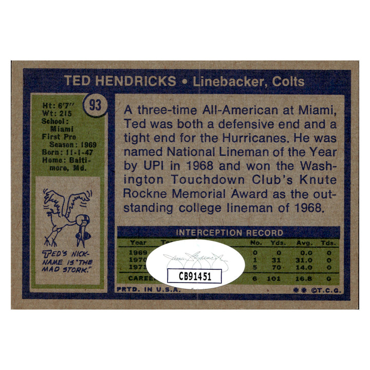 Ted Hendricks Indianapolis Colts Autographed Signed 1972 Topps (JSA COA #CB91451)