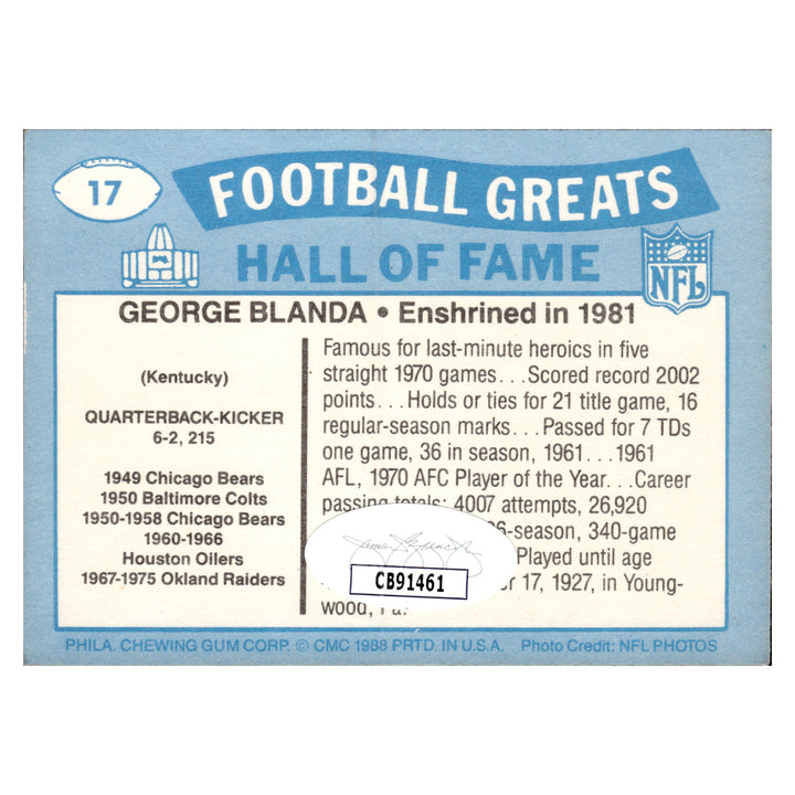 George Blanda Oakland Raiders Autographed Signed Swell Greats Pro Football Hall Of Fame Goal 25th Anniversary Card (JSA COA #CB91461)