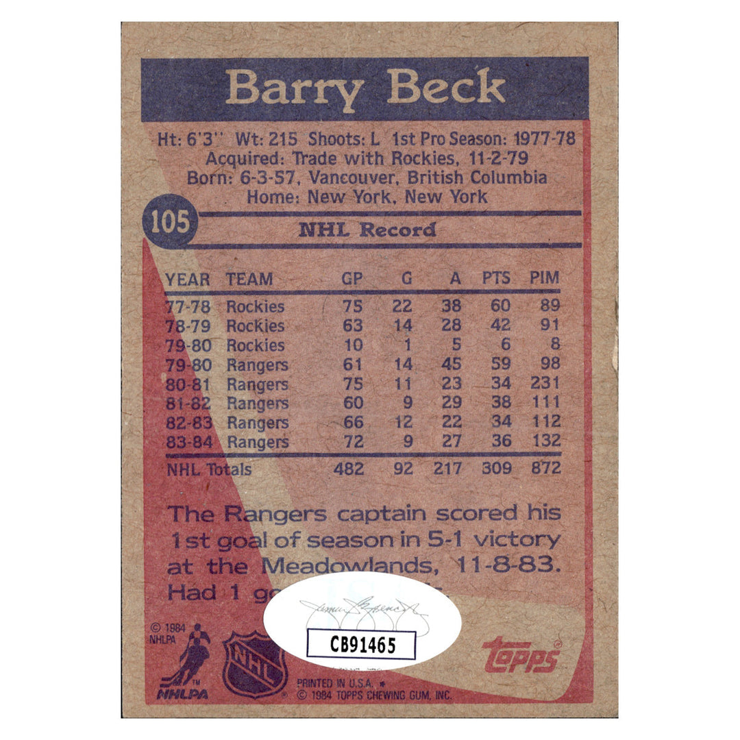 Barry Beck New York Rangers Autographed Signed 1984 Topps (JSA COA #CB91465)