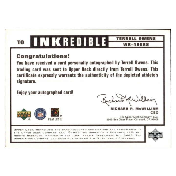 Terrell Owens San Francisco 49ers 1999 Upper Deck Inkredible Autograph Card