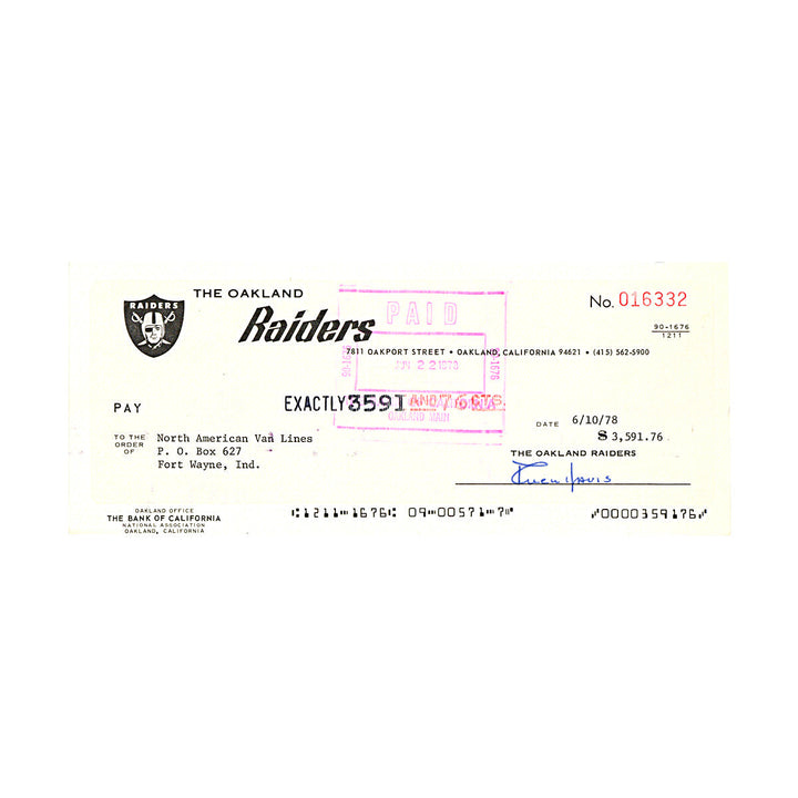 Al Davis Oakland Raiders Autographed Signed Check Dated June 10 1978 (JSA LOA #ZZ36553)