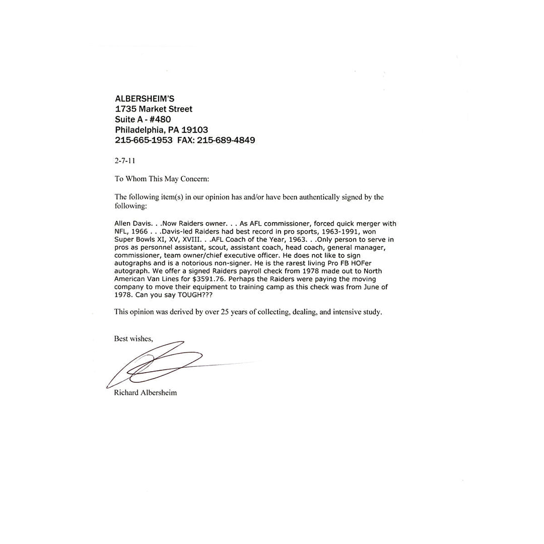 Al Davis Oakland Raiders Autographed Signed Check Dated June 10 1978 (JSA LOA #ZZ36553)