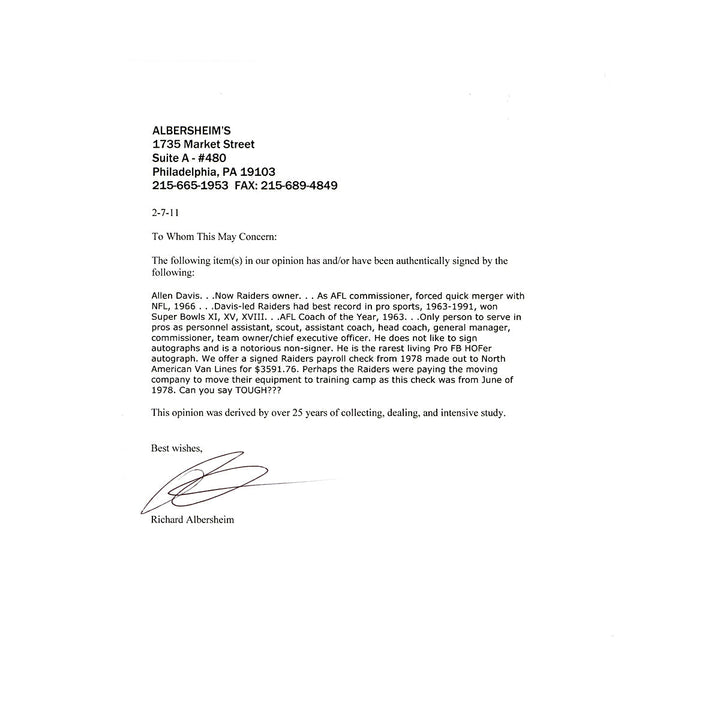 Al Davis Oakland Raiders Autographed Signed Check Dated June 10 1978 (JSA LOA #ZZ36553)