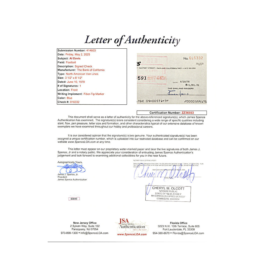 Al Davis Oakland Raiders Autographed Signed Check Dated June 10 1978 (JSA LOA #ZZ36553)