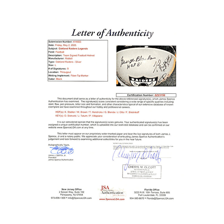 Stabler Biletnikoff Otto Raiders Multi-Signed Autographed Authentic Helmet (JSA)