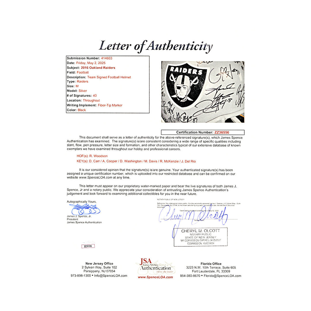 Woodson Carr Cooper 2016 Raiders Team Signed Autographed Replica Helmet (JSA LOA
