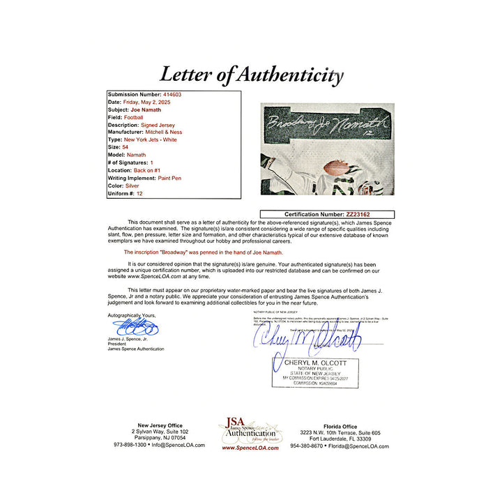 Joe Namath New York Jets Autographed Signed New York Jets White M&N Packer Painted Jersey (JSA LOA #ZZ23162)