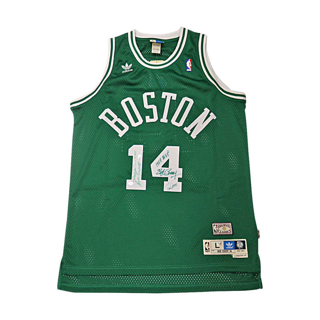 Russell, Cousy, Heinsohn Boston Celtics Legends Multi Signed Autographed Green Adidas Jersey (New England Picture Holos)