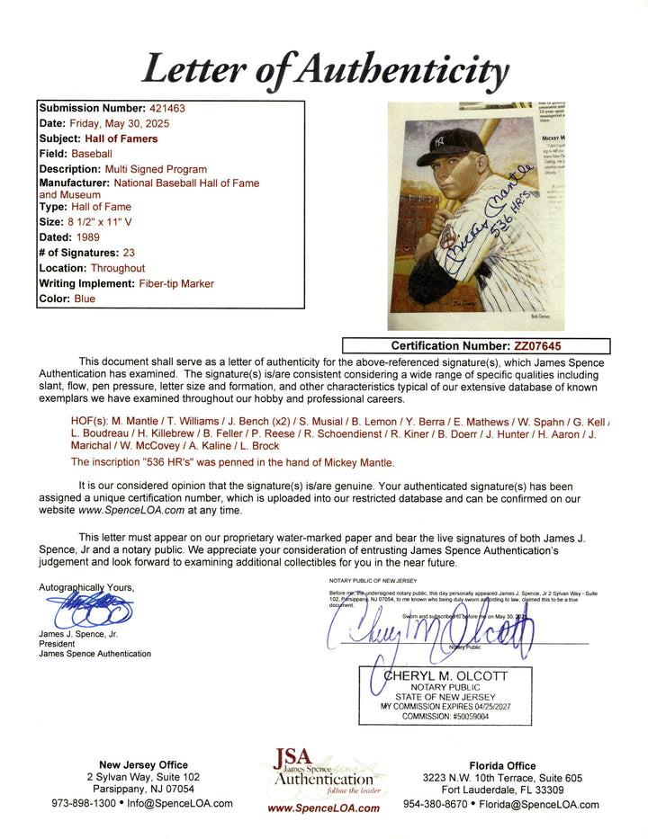 Mantle Williams Mays Autographed Signed National Baseball Hall of Fame and Museum 50th Anniversary 1989 Yearbook 23 Autos JSA LOA