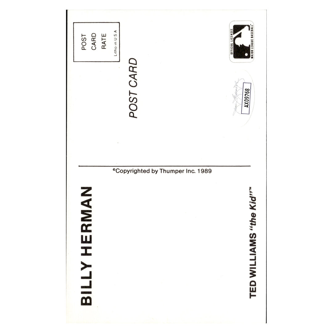Billy Herman Chicago Cubs Autographed Signed 1989 Ted Williams Thumper Inc. Post Card (JSA COA #AX09768)