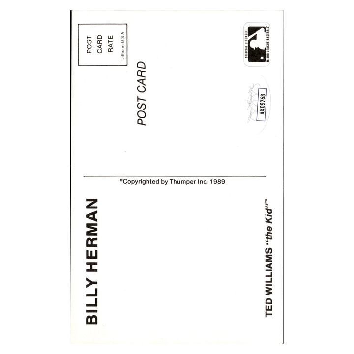 Billy Herman Chicago Cubs Autographed Signed 1989 Ted Williams Thumper Inc. Post Card (JSA COA #AX09768)