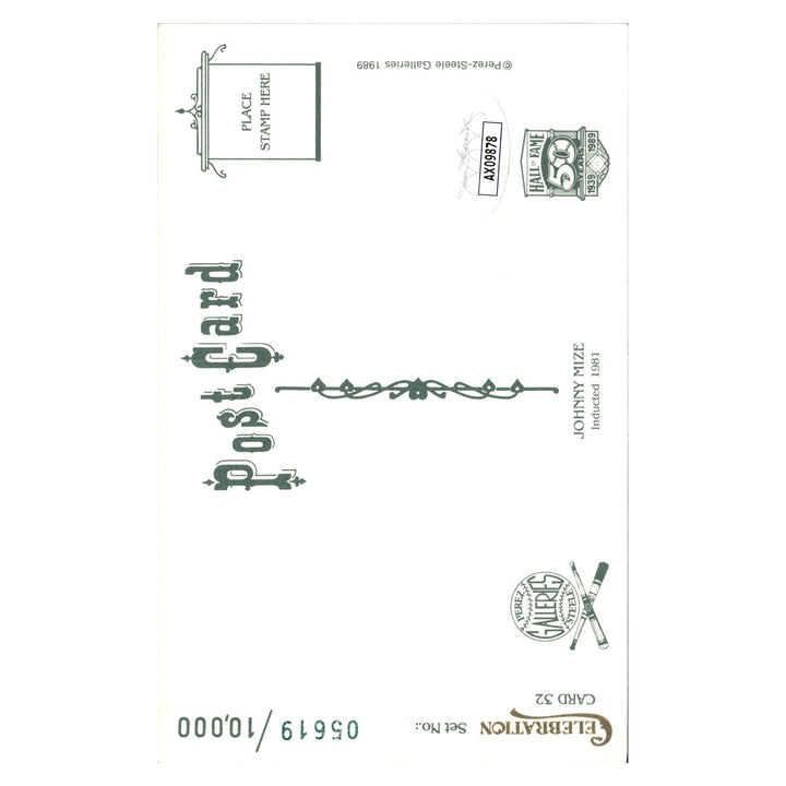 Johnny Mize New York Giants Autographed Signed Perez Steele 1989 Postcard #5619/10000 (JSA COA #AX09878)