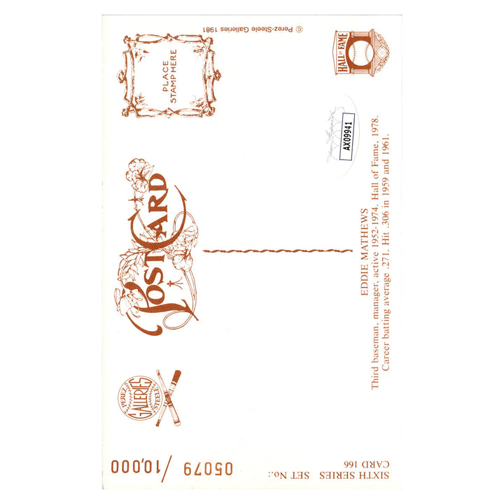 Eddie Matthews Atlanta Braves Autographed Signed Perez Steele 1981 Postcard #5079/10000 (JSA COA #AX09941)