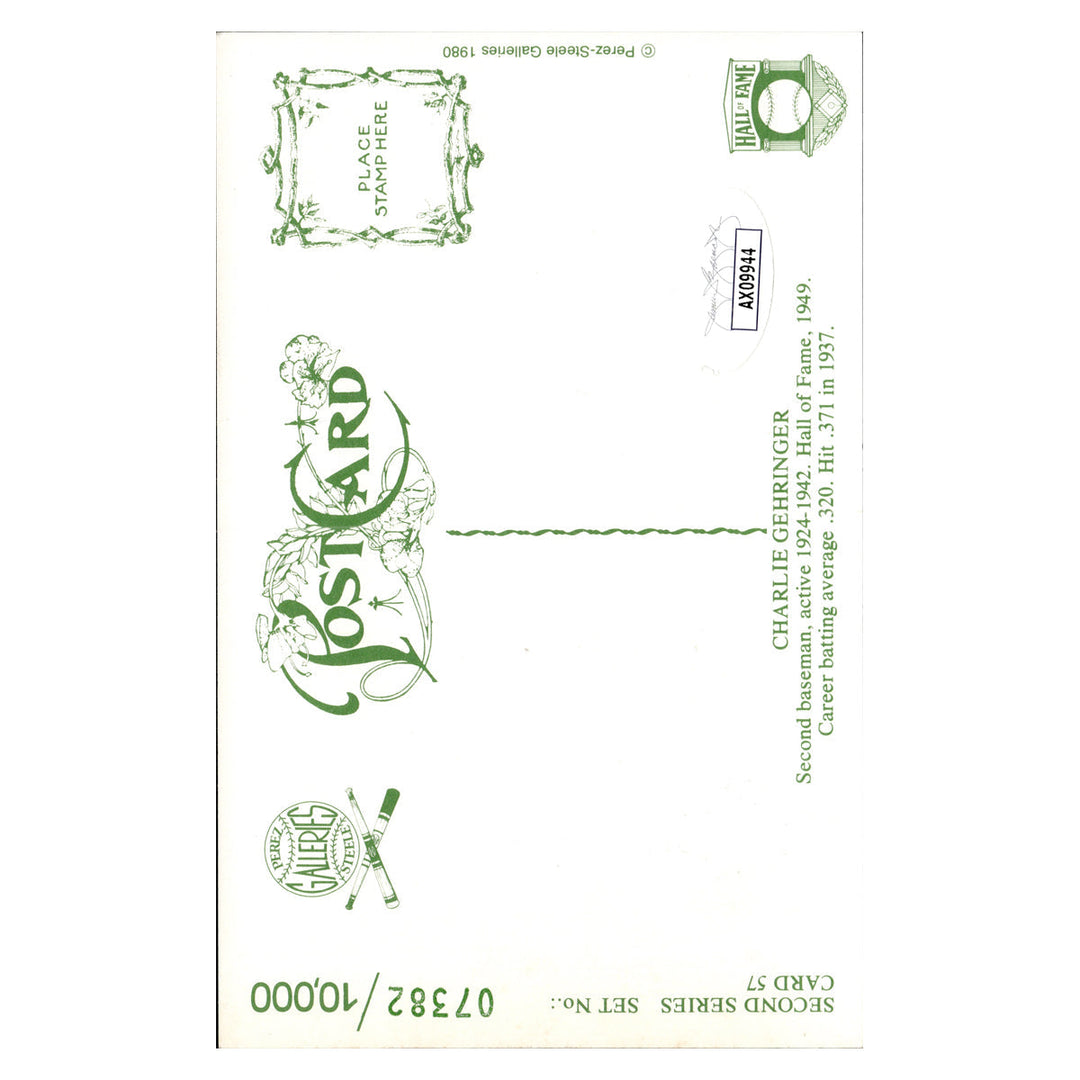 Charlie Gehringer Detroit Tigers Autographed Signed Perez Steele 1980 Postcard #7382/10000 (JSA COA #AX09944)