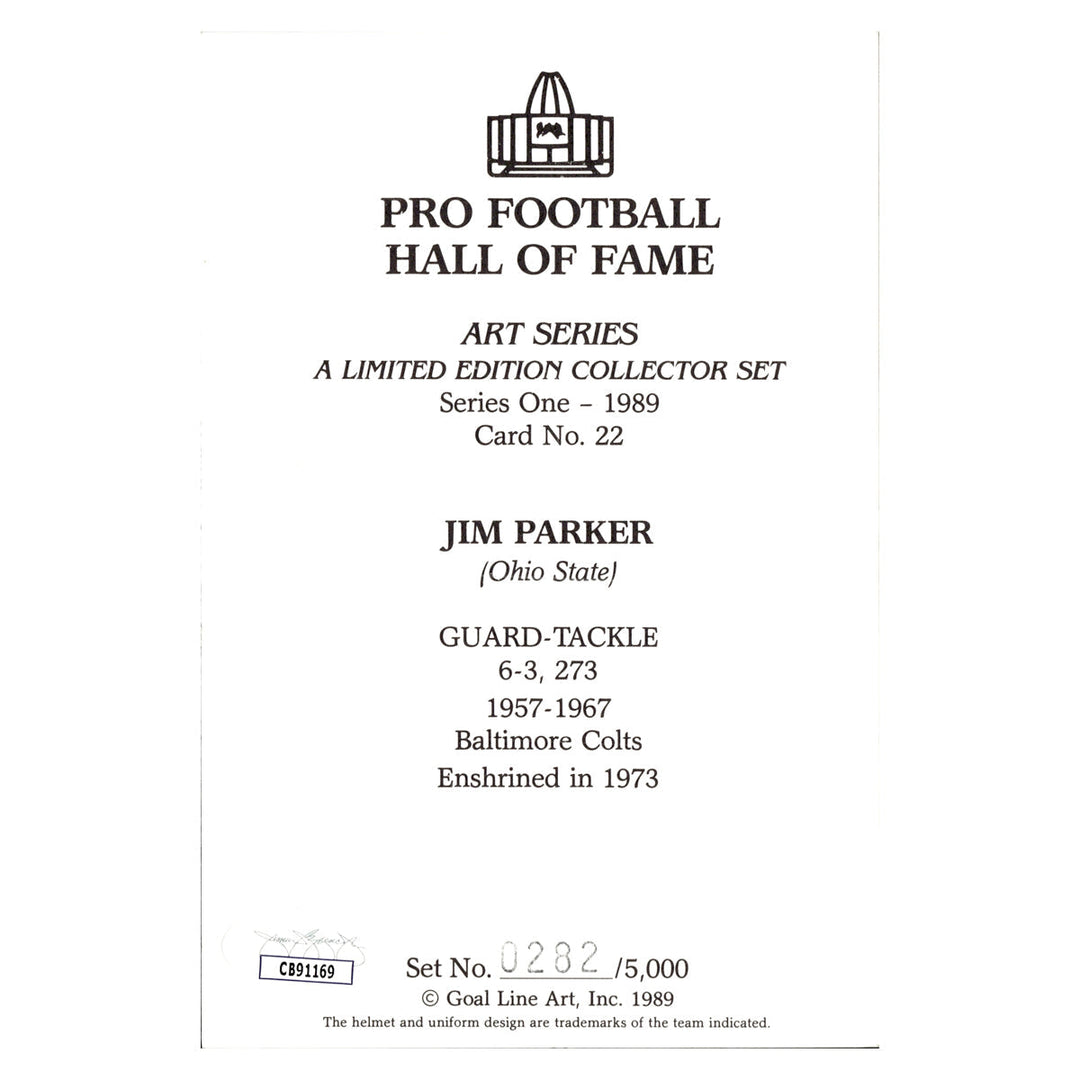 Jim Parker Indianapolis Colts Autographed Signed Pro Football Hall Of Fame Goal Line Art Card #282/5000 (JSA COA #CB91169)