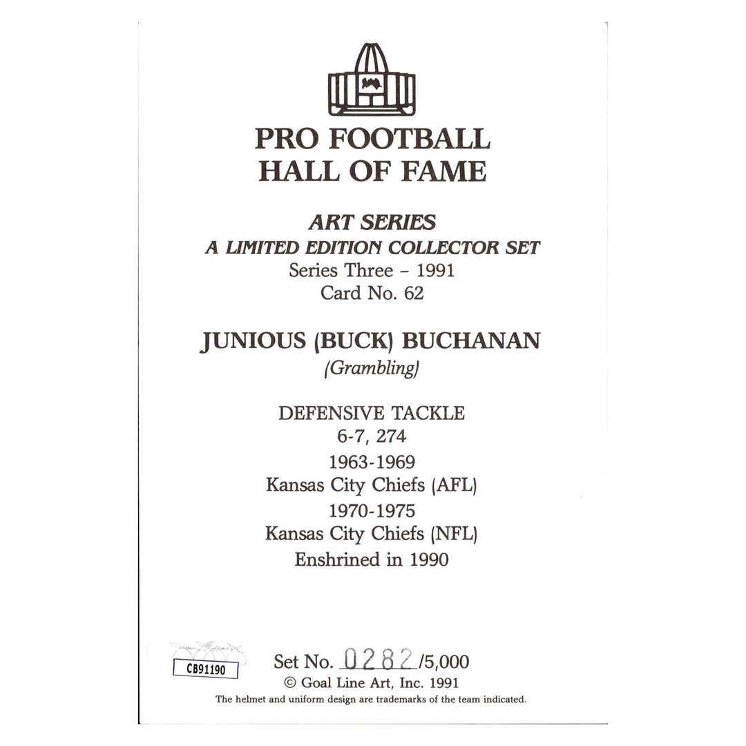 Junious Buchanan Kansas City Chiefs Autographed Signed Pro Football Hall Of Fame Goal Line Art Card #282/5000 (JSA COA #CB91190)