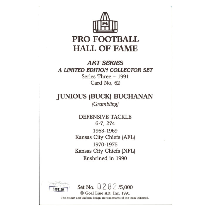 Junious Buchanan Kansas City Chiefs Autographed Signed Pro Football Hall Of Fame Goal Line Art Card #282/5000 (JSA COA #CB91190)