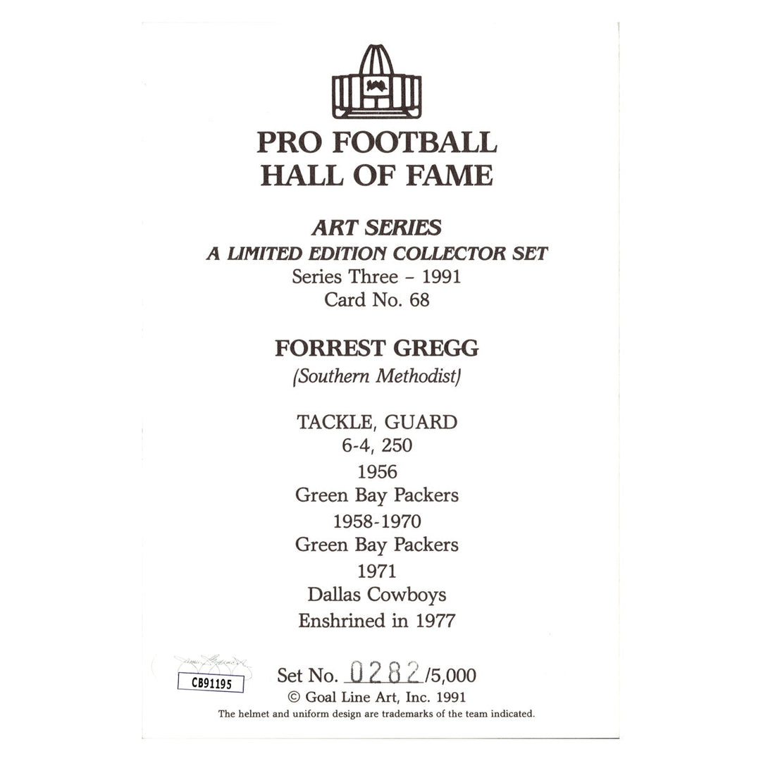 Forrest Gregg Green Bay Packers Autographed Signed Pro Football Hall Of Fame Goal Line Art Card #282/5000 (JSA COA #CB91195)